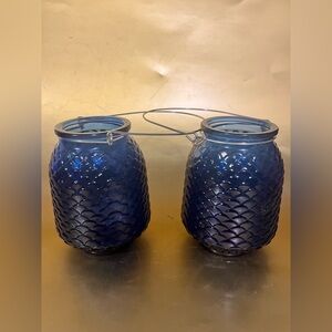 cobalt "dragonfly wings" embossed glass lantern (set of 2)